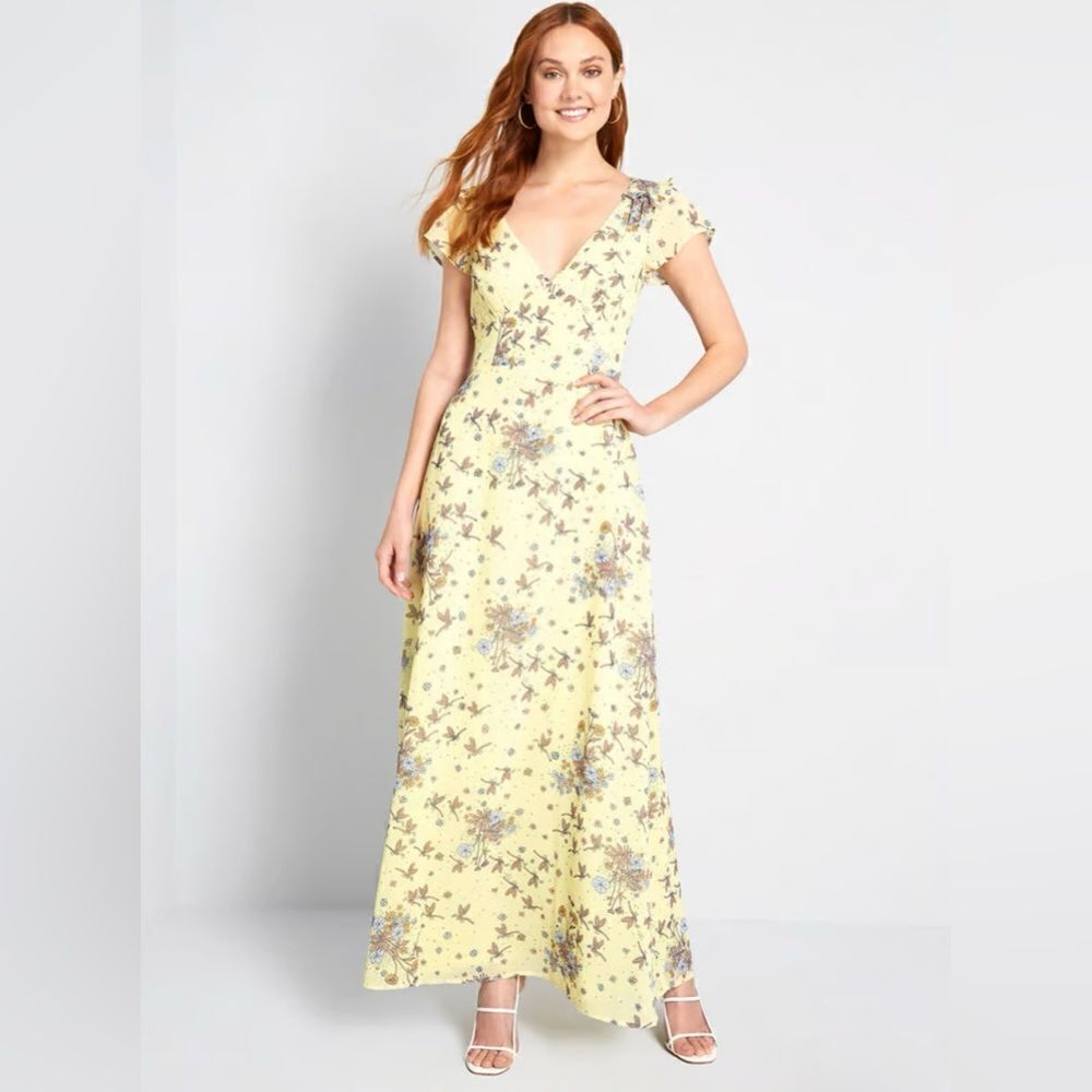 ModCloth You're Flowing Places Maxi Dress Light Yellow Floral Critters 8 NWT